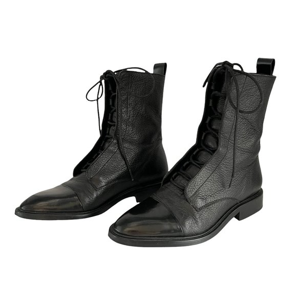 Massimo Dutti Lace Up Pebbled Leather Combat Boots Army Military Moto Booties 6 - Picture 4 of 13